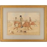 Property of a gentleman - English school, 19th century - HUNTING SCENE WITH THREE HUNTSMEN AND