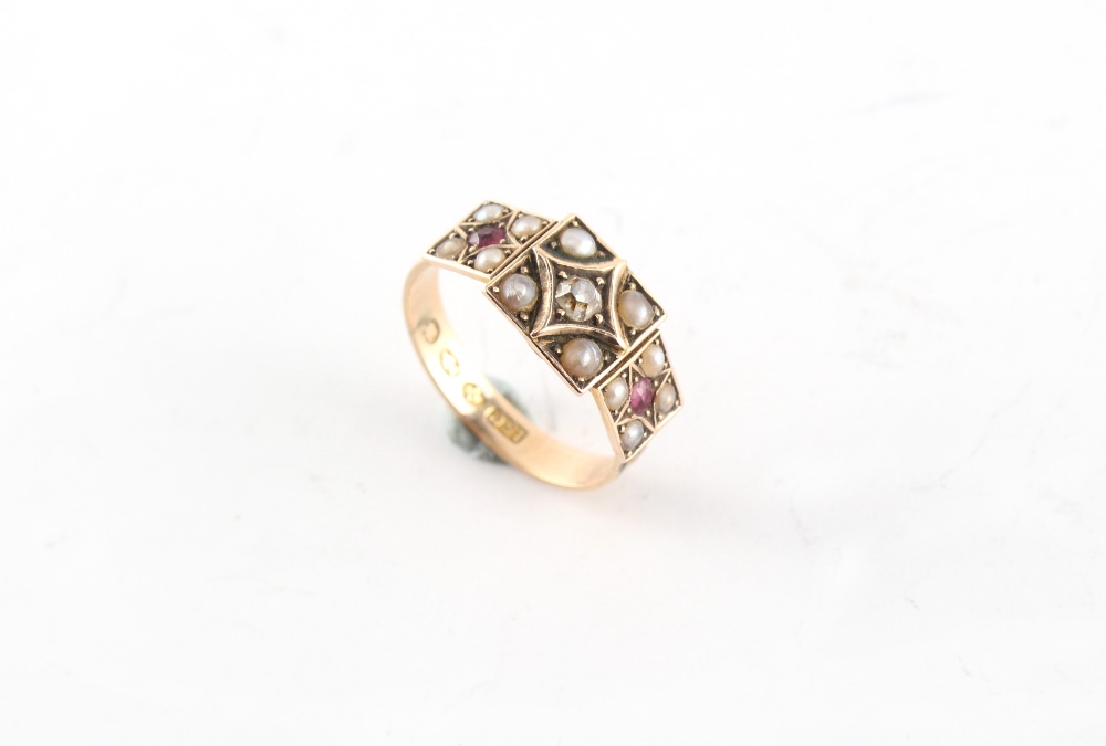 Property of a lady - a late Victorian 15ct yellow gold diamond ruby & seed pearl ring with triple