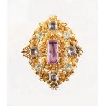 A Georgian cannetille brooch, the central rounded rectangular cut pink topaz of good colour &