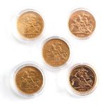 Property of a gentleman - gold coins - five gold half sovereigns, 1910, 1911, 1912, 1982 and 2000,