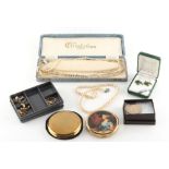 Property of a lady - a bag containing assorted costume jewellery including two pairs of 9ct gold &