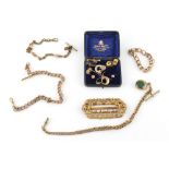 Property of a lady - a bag containing assorted items including a buckle & three gold plated watch