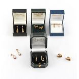 Property of a lady - six pairs of 9ct gold earrings, four pairs boxed, approximately 15.3 grams