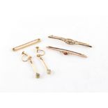 Property of a deceased estate - a yellow gold (tests 18ct) bar brooch set with three diamonds,