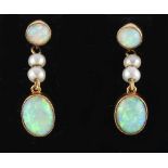 A pair of 9ct yellow gold opal & pearl pendant earrings, with screw fastenings, approximately 23mm