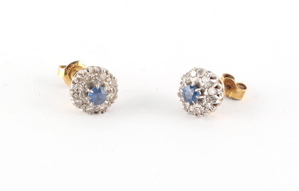 Property of a lady - a pair of unmarked yellow gold diamond & sapphire cluster earrings, with post &