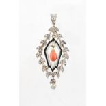 An early 20th century Art Deco coral diamond black & white enamel pendant of diamond shaped leaf