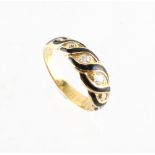 A Victorian yellow gold diamond & black enamel mourning ring, of braided design set with five