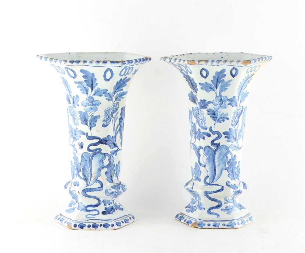 Property of a gentleman - a pair of Dutch Delft blue & white vases, of hexagonal section, late - Image 2 of 2