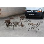 Property of a deceased estate - a wrought iron & wire bicycle planter; together with a similar