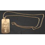 Property of a deceased estate - a 9ct gold ingot pendant on 9ct gold chain necklace, approximately