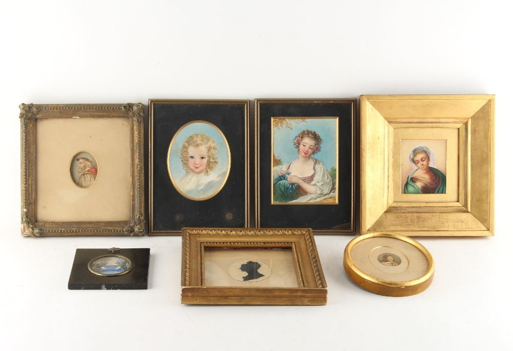 Property of a lady - a group of six framed portrait miniatures; together with a framed silhouette,