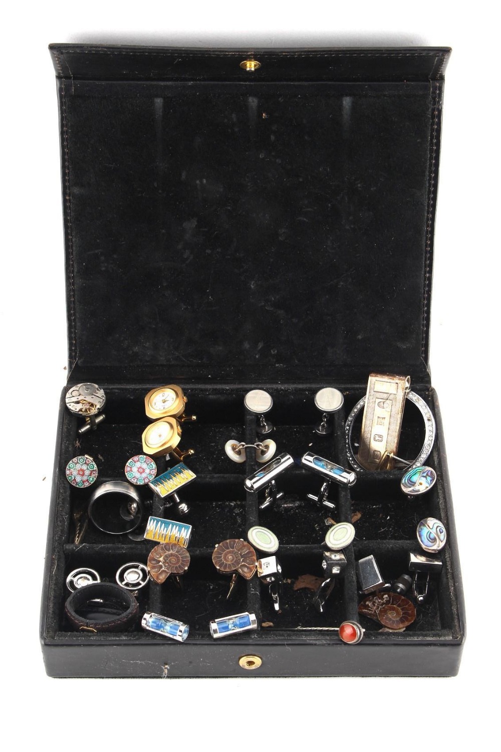 Property of a deceased estate - a jewellery box containing pairs of silver cufflinks, etc..