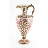 Property of a gentleman - a Fischer, Budapest tall ewer, painted with pink red flowers & blue