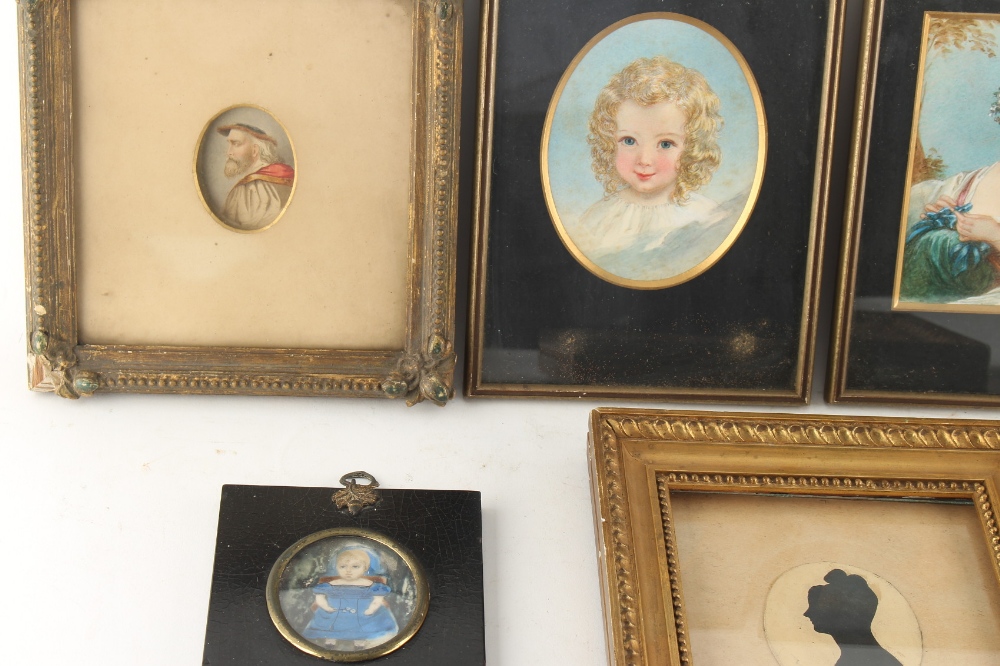 Property of a lady - a group of six framed portrait miniatures; together with a framed silhouette, - Image 3 of 3