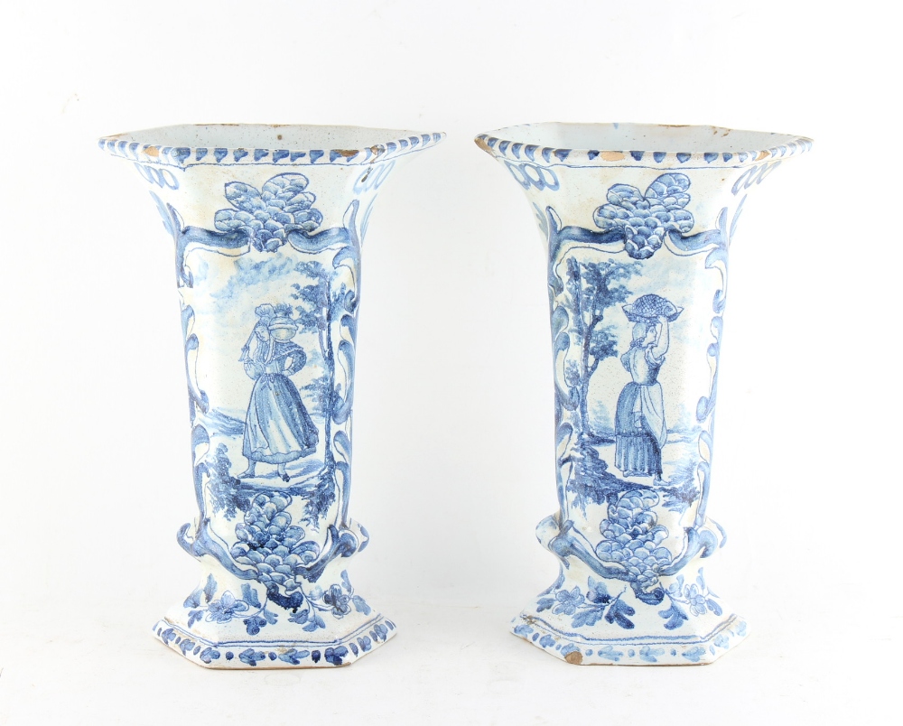 Property of a gentleman - a pair of Dutch Delft blue & white vases, of hexagonal section, late