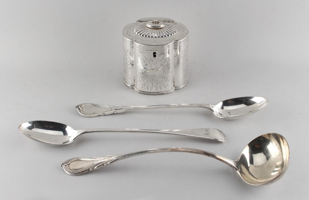 Property of a lady - a Britannia metal tea caddy; together with a silver plated soup ladle, 13.