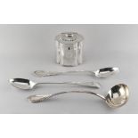 Property of a lady - a Britannia metal tea caddy; together with a silver plated soup ladle, 13.