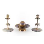 Property of a lady - a late 19th century bronze & blue enamel desk set comprising an inkwell and