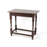 Property of a lady - an oak & crossbanded side table, parts 18th century, with frieze drawer, on