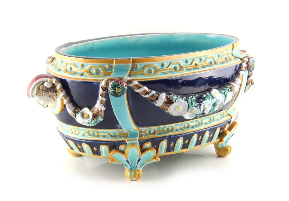 Property of a gentleman - a Victorian Joseph Holdcroft majolica planter, with mask handles,