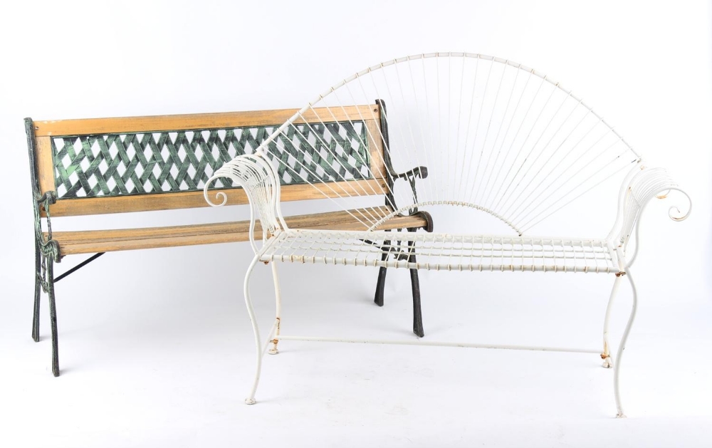 Property of a deceased estate - a white painted metal & wire garden bench; together with a wooden