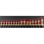 A Jaques red stained & natural ivory Staunton pattern chess set, the white king marked 'JAQUES /