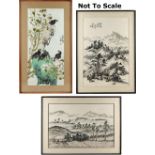 A Chinese painting on paper depicting five birds in flowering shrub with rockwork, with