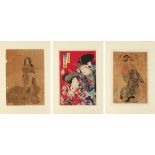 Three early / mid 19th century Japanese woodblock prints, two depicting bijins, the third