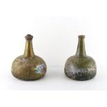 Property of a deceased estate - two 18th century onion shaped wine bottles, 6.9ins. (17.5cms.)