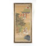 A late 19th century Chinese painting on silk depicting ladies on terrace & in garden, signed &