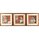 Property of a lady - a set of three Indonesian paintings on linen depicting figures, in matching