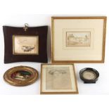 Property of a deceased estate - a group of five assorted small pictures including a 19th century ink