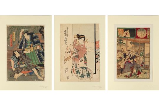 Three mid / late 19th century Japanese woodblock prints, two depicting Kabuki actors, the third