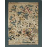 A 19th century Chinese embroidered silk 'Hundred Birds' panel, the silk embroidery 21.25 by 14.