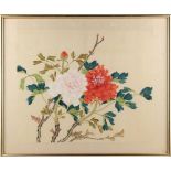Property of a deceased estate - a Chinese painting on silk depicting peonies, mid / late 20th