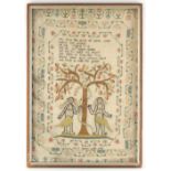 Property of a deceased estate - a late 18th century Adam & Eve sampler, by Mary Masey Ross, 1788,