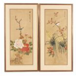 Property of a gentleman - a pair of Oriental paintings on silk depicting birds & flowers, with