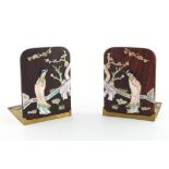 Property of a lady - a pair of Japanese hardwood & brass book-ends with applied carved mother-of-