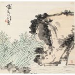 A Chinese scroll painting on paper depicting flowers by a pond, mid / late 20th century, with