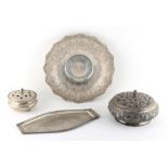 Property of a gentleman - a group of four Indian or Islamic silver items, the circular dish 10.85ins