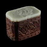 A Chinese carved hongmu rectangular ink box with very pale celadon jade cover carved with two quails