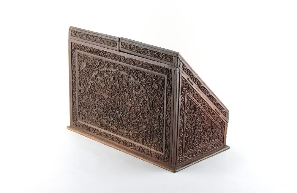 Property of a lady - an Indian carved writing box with twin door sloping front enclosing - Image 3 of 3