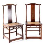 A pair of Chinese hongmu official's hat chairs, early 20th century, with woven seats (2).