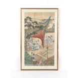 A late 19th / early 20th century Chinese painting on silk depicting a court terrace scene,