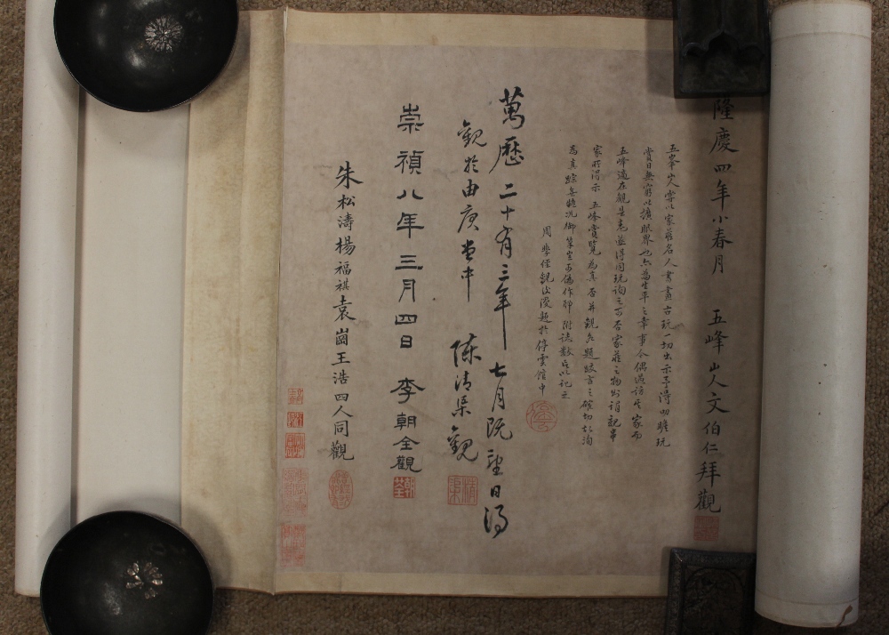 A 19th century Chinese hand scroll calligraphy document painting on paper, with twenty-seven red - Image 5 of 5