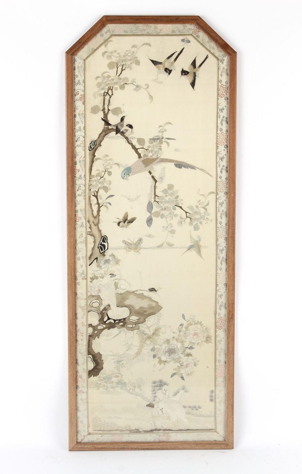 A late 19th / early 20th century Chinese embroidered silk panel depicting birds & insects among