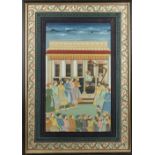 Property of a lady - an Indian painting on linen depicting a court scene, 28.75 by 19.5ins. (73 by