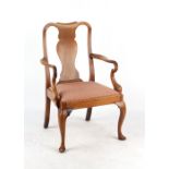Property of a deceased estate - an 18th century style walnut elbow chair with shepherd's crook arms,