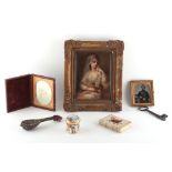 Property of a lady - a box containing assorted items including a painted porcelain plaque (cracked).